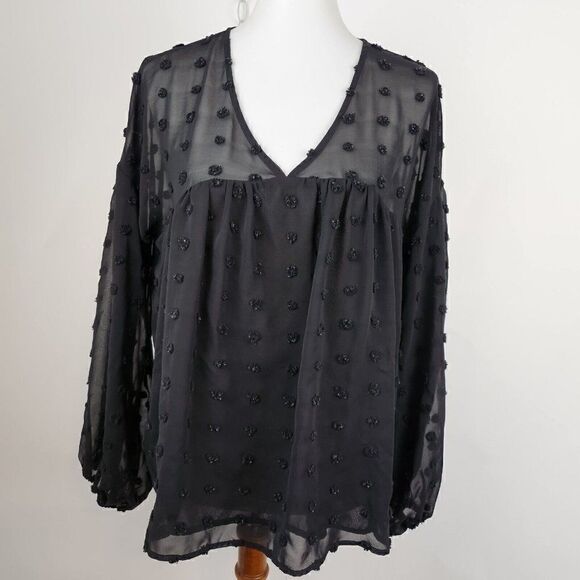 Anthropologie Entro Black Sheer Flocked Peasant Swing Top Womens S - Picture 1 of 5